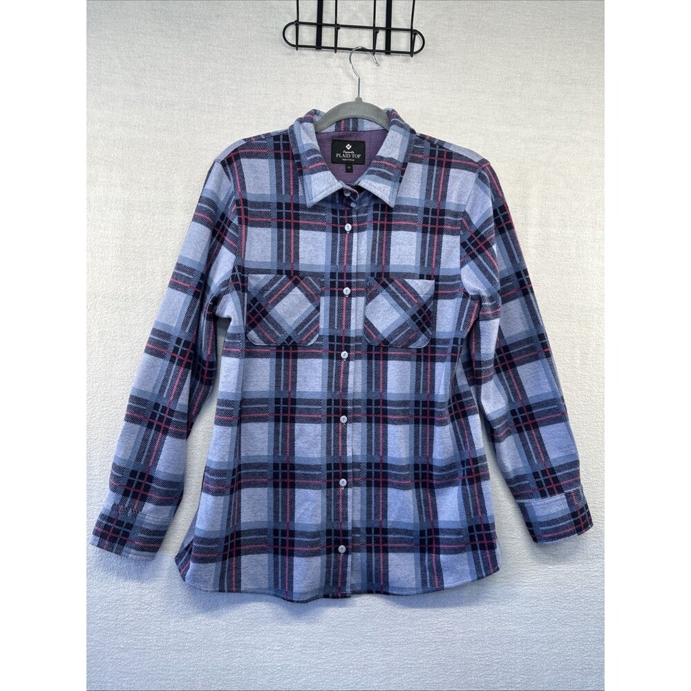 Shacket Members Mark Women M Blue Favorite Plaid Top Stretch Soft Button Up Cozy